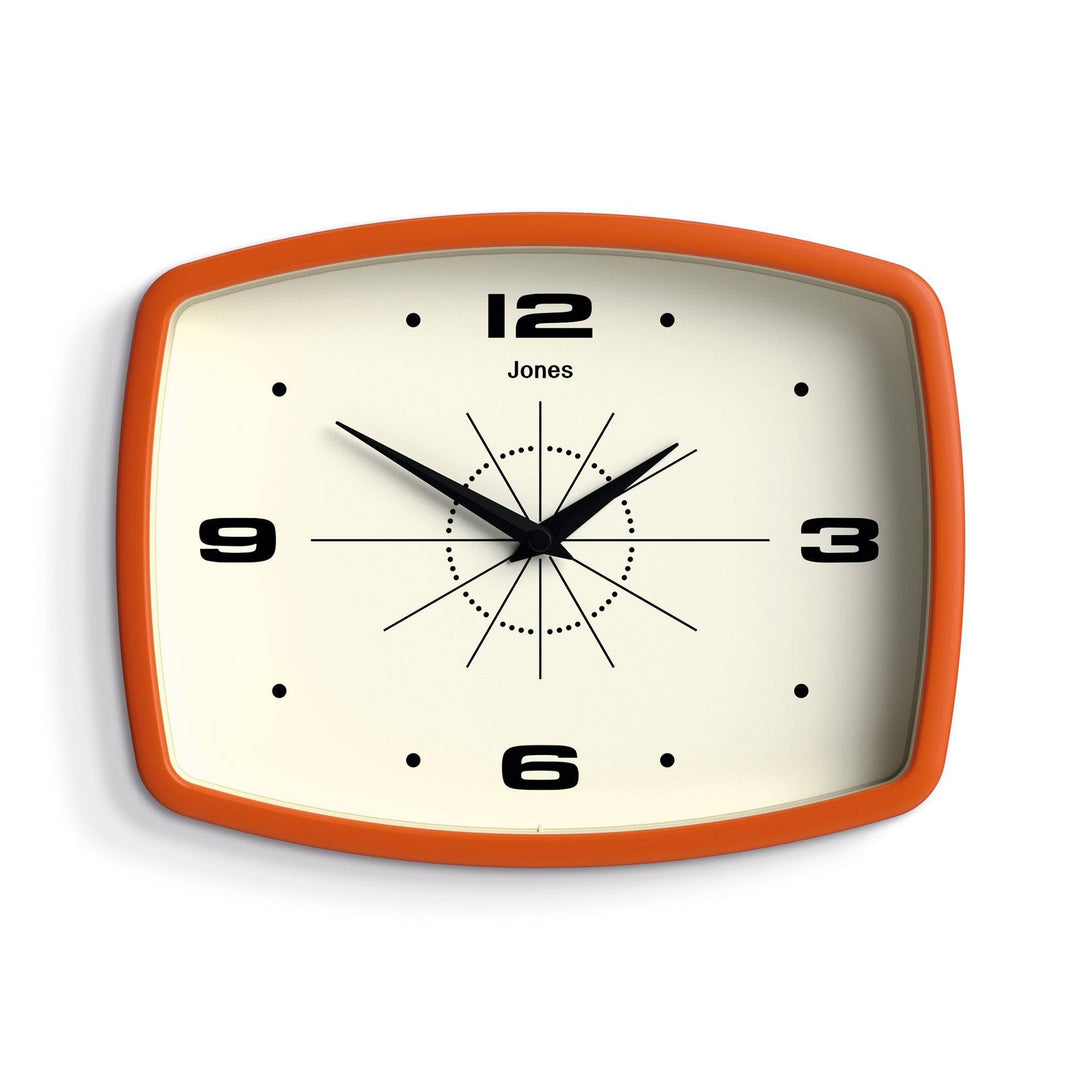 JONES CLOCKS® Movie wall Clock | Rectangular Retro Clock | 10" | Orange | Cool mid-Century Designer Look for Kitchen, Living Room or Office 