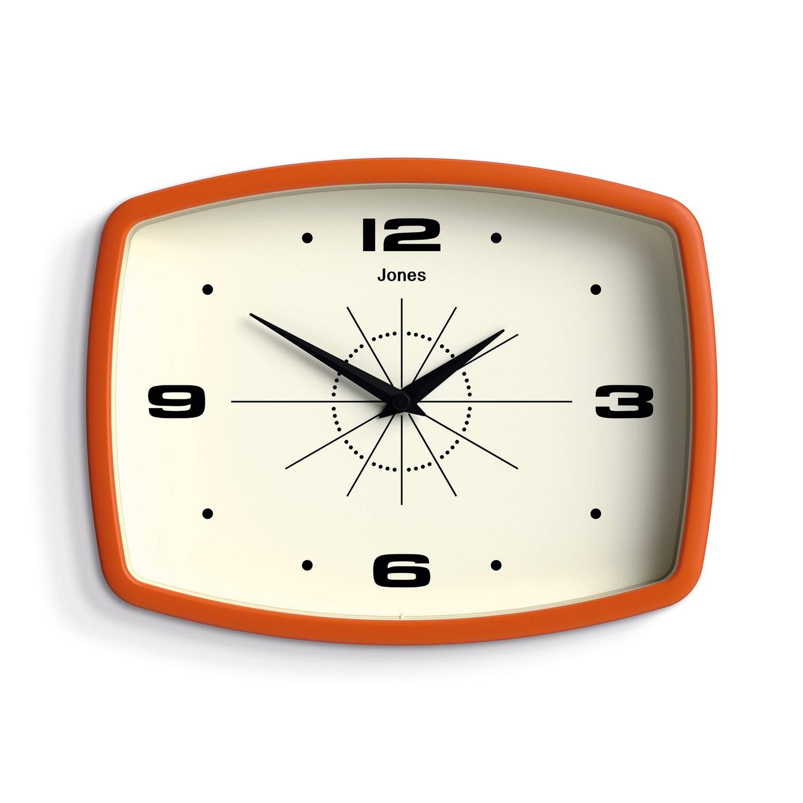 JONES CLOCKS® Movie wall Clock | Rectangular Retro Clock | 10" | Orange | Cool mid-Century Designer Look for Kitchen, Living Room or Office 