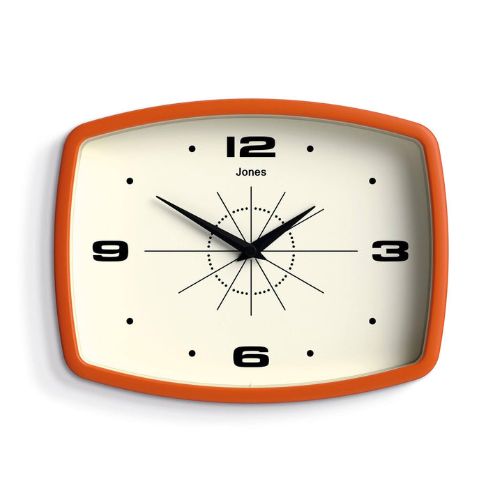 JONES CLOCKS® Movie wall Clock | Rectangular Retro Clock | 10" | Orange | Cool mid-Century Designer Look for Kitchen, Living Room or Office 