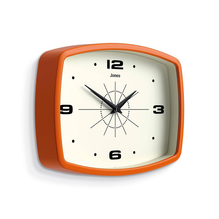 JONES CLOCKS® Movie wall Clock | Rectangular Retro Clock | 10" | Orange | Cool mid-Century Designer Look for Kitchen, Living Room or Office 