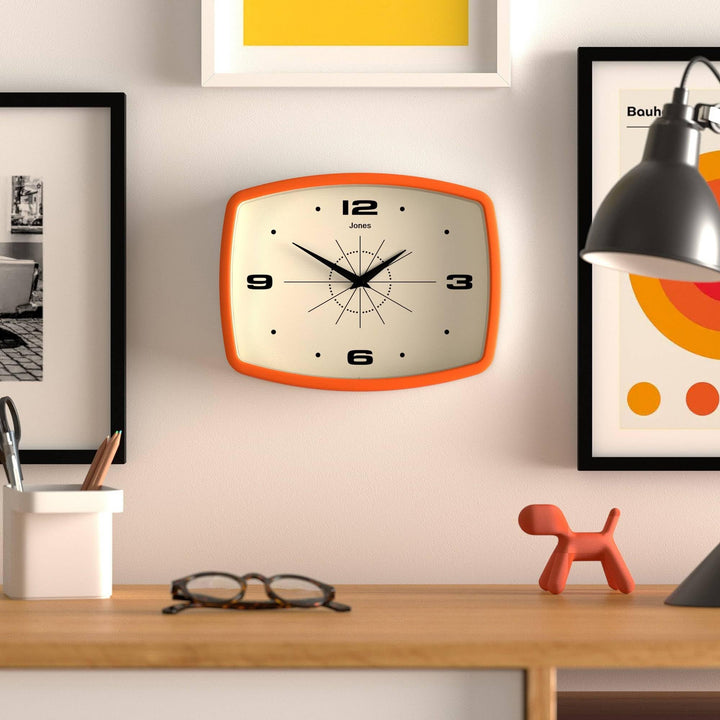 JONES CLOCKS® Movie wall Clock | Rectangular Retro Clock | 10" | Orange | Cool mid-Century Designer Look for Kitchen, Living Room or Office 