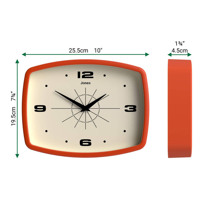 JONES CLOCKS® Movie wall Clock | Rectangular Retro Clock | 10" | Orange | Cool mid-Century Designer Look for Kitchen, Living Room or Office 