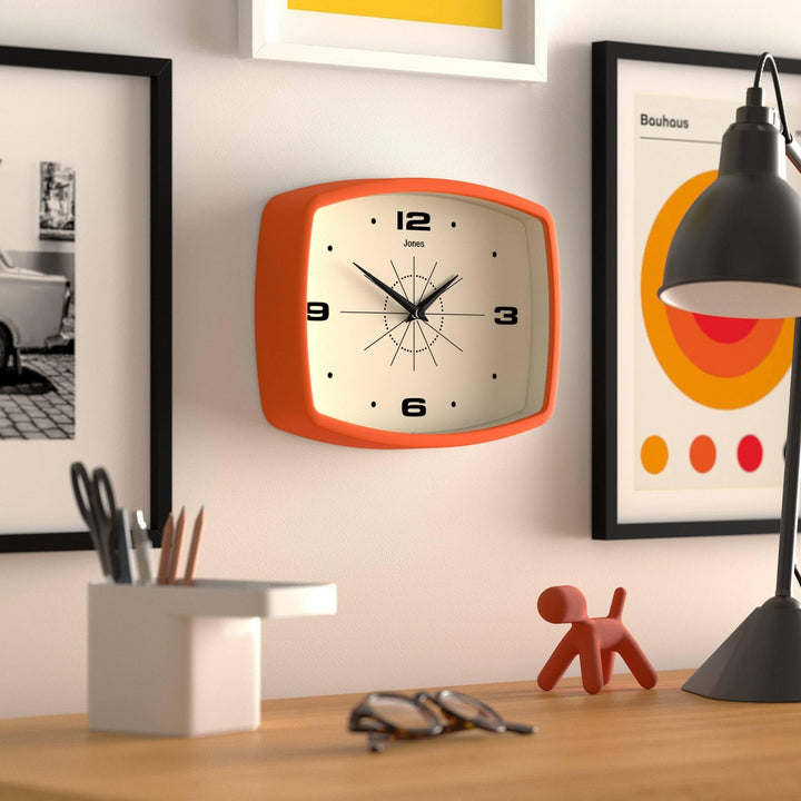 JONES CLOCKS® Movie wall Clock | Rectangular Retro Clock | 10" | Orange | Cool mid-Century Designer Look for Kitchen, Living Room or Office 