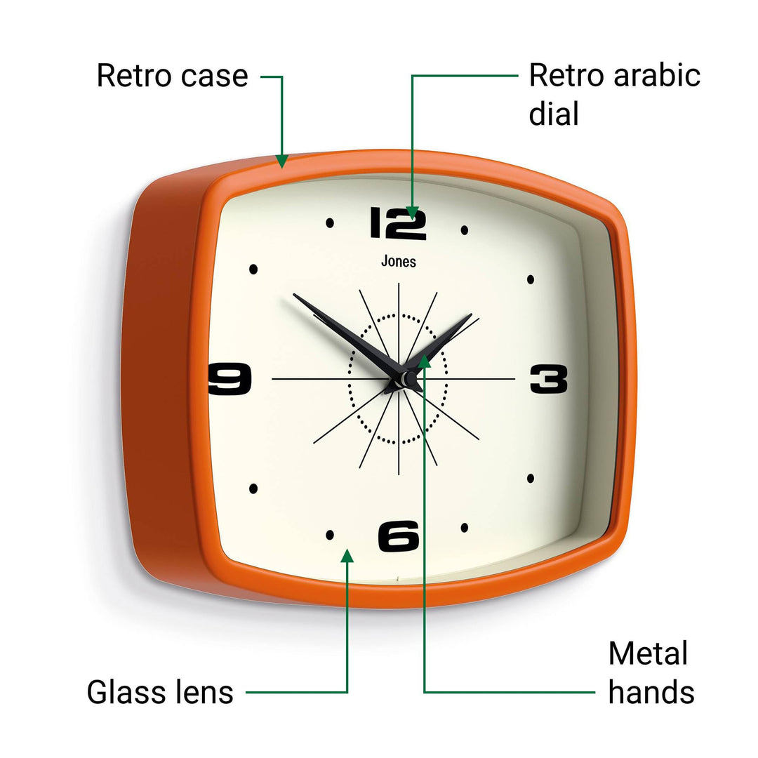 JONES CLOCKS® Movie wall Clock | Rectangular Retro Clock | 10" | Orange | Cool mid-Century Designer Look for Kitchen, Living Room or Office 