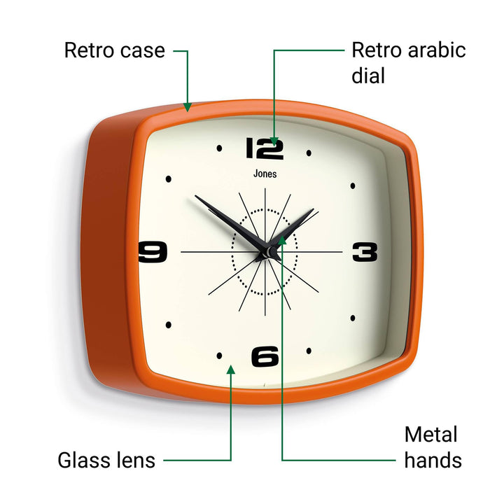 JONES CLOCKS® Movie wall Clock | Rectangular Retro Clock | 10" | Orange | Cool mid-Century Designer Look for Kitchen, Living Room or Office 