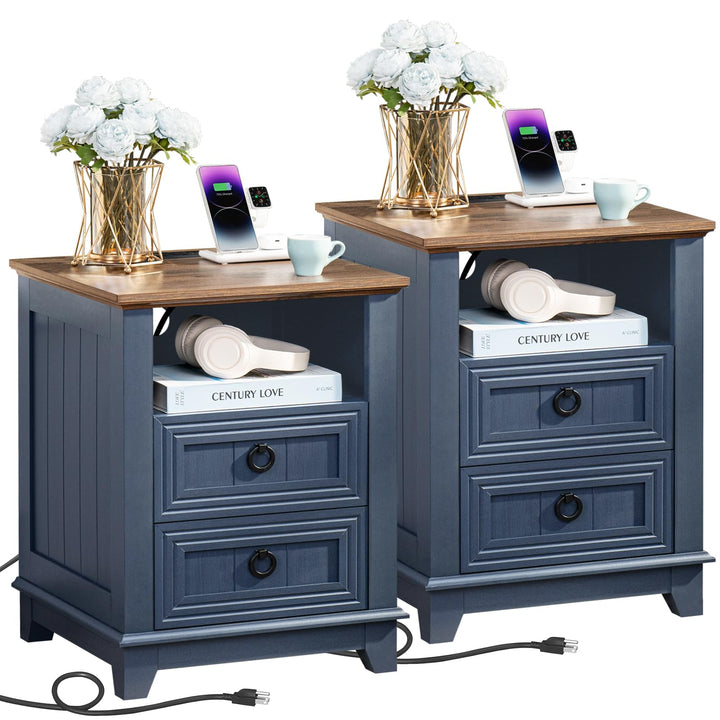Joaxswe 18" Farmhouse Night Stands Set of 2 with Charging Station, 2 Drawers End Table Dresser for Bedroom, Blue Wooden Nightstand, Bed Side Table with Open Shelf, Bedside Cabinet for Living Room 