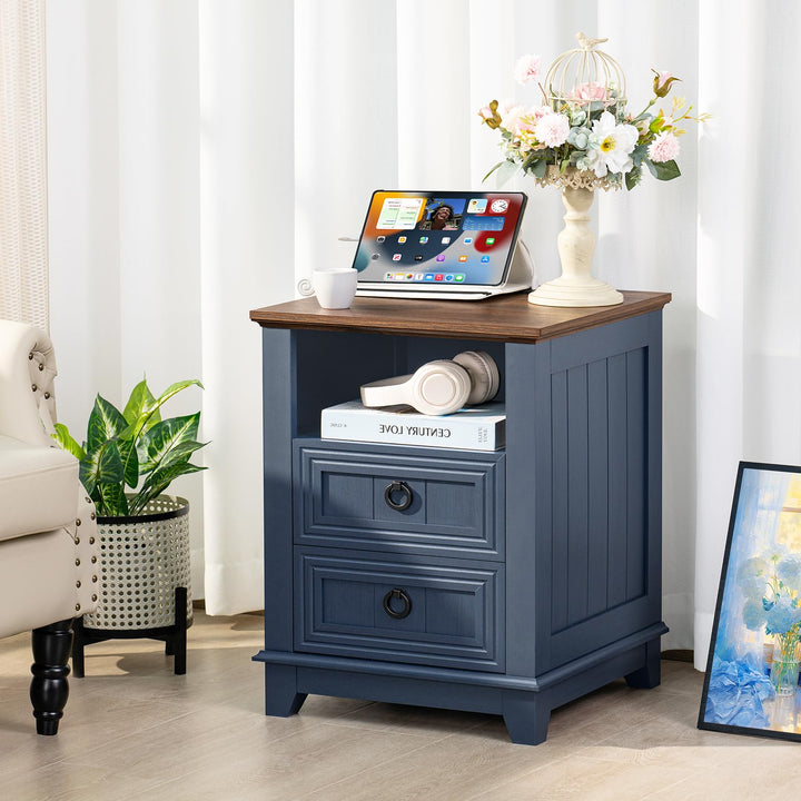 Joaxswe 18" Farmhouse Night Stands Set of 2 with Charging Station, 2 Drawers End Table Dresser for Bedroom, Blue Wooden Nightstand, Bed Side Table with Open Shelf, Bedside Cabinet for Living Room 