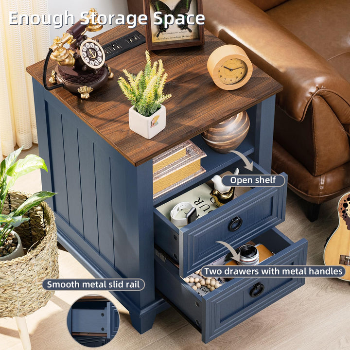 Joaxswe 18" Farmhouse Night Stands Set of 2 with Charging Station, 2 Drawers End Table Dresser for Bedroom, Blue Wooden Nightstand, Bed Side Table with Open Shelf, Bedside Cabinet for Living Room 