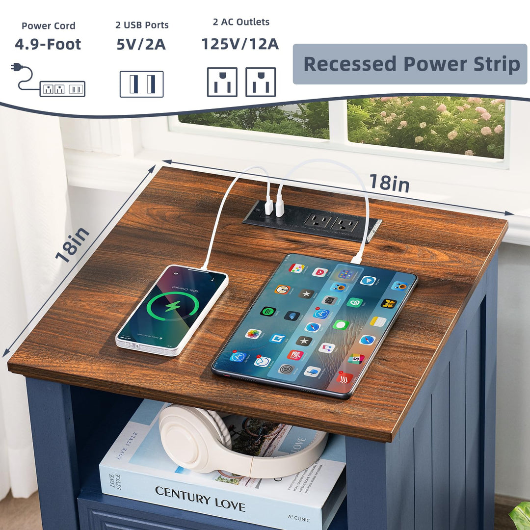 Joaxswe 18" Farmhouse Night Stands Set of 2 with Charging Station, 2 Drawers End Table Dresser for Bedroom, Blue Wooden Nightstand, Bed Side Table with Open Shelf, Bedside Cabinet for Living Room 