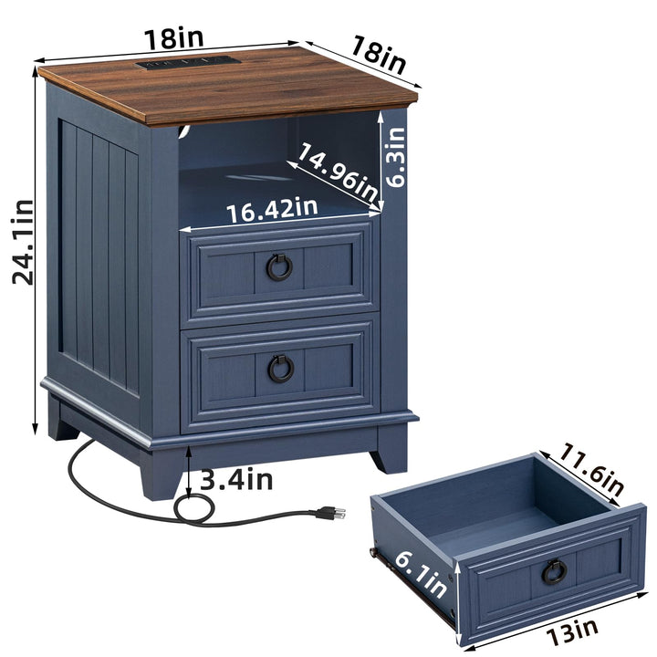 Joaxswe 18" Farmhouse Night Stands Set of 2 with Charging Station, 2 Drawers End Table Dresser for Bedroom, Blue Wooden Nightstand, Bed Side Table with Open Shelf, Bedside Cabinet for Living Room 