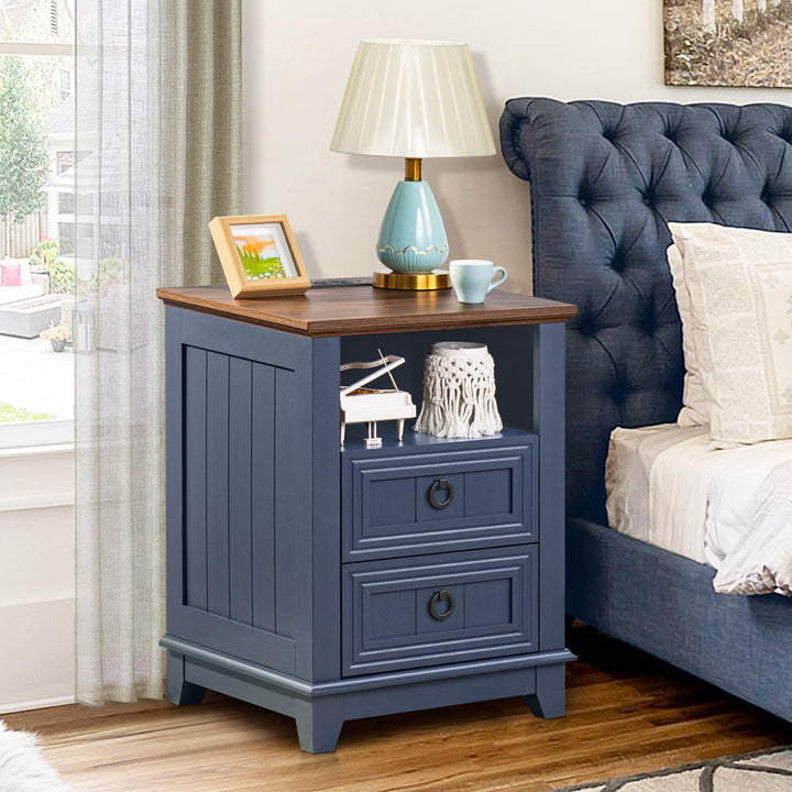 Joaxswe 18" Farmhouse Night Stands Set of 2 with Charging Station, 2 Drawers End Table Dresser for Bedroom, Blue Wooden Nightstand, Bed Side Table with Open Shelf, Bedside Cabinet for Living Room 