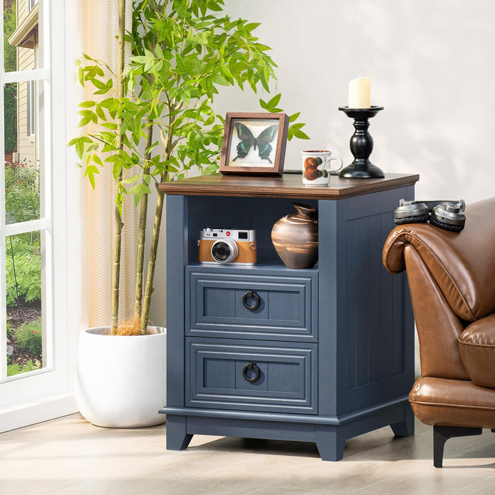 Joaxswe 18" Farmhouse Night Stands Set of 2 with Charging Station, 2 Drawers End Table Dresser for Bedroom, Blue Wooden Nightstand, Bed Side Table with Open Shelf, Bedside Cabinet for Living Room 