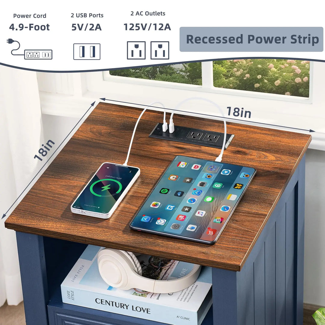 Joaxswe 18" Farmhouse Night Stands Set of 2 with Charging Station, 2 Drawers End Table Dresser for Bedroom, Blue Wooden Nightstand, Bed Side Table with Open Shelf, Bedside Cabinet for Living Room 