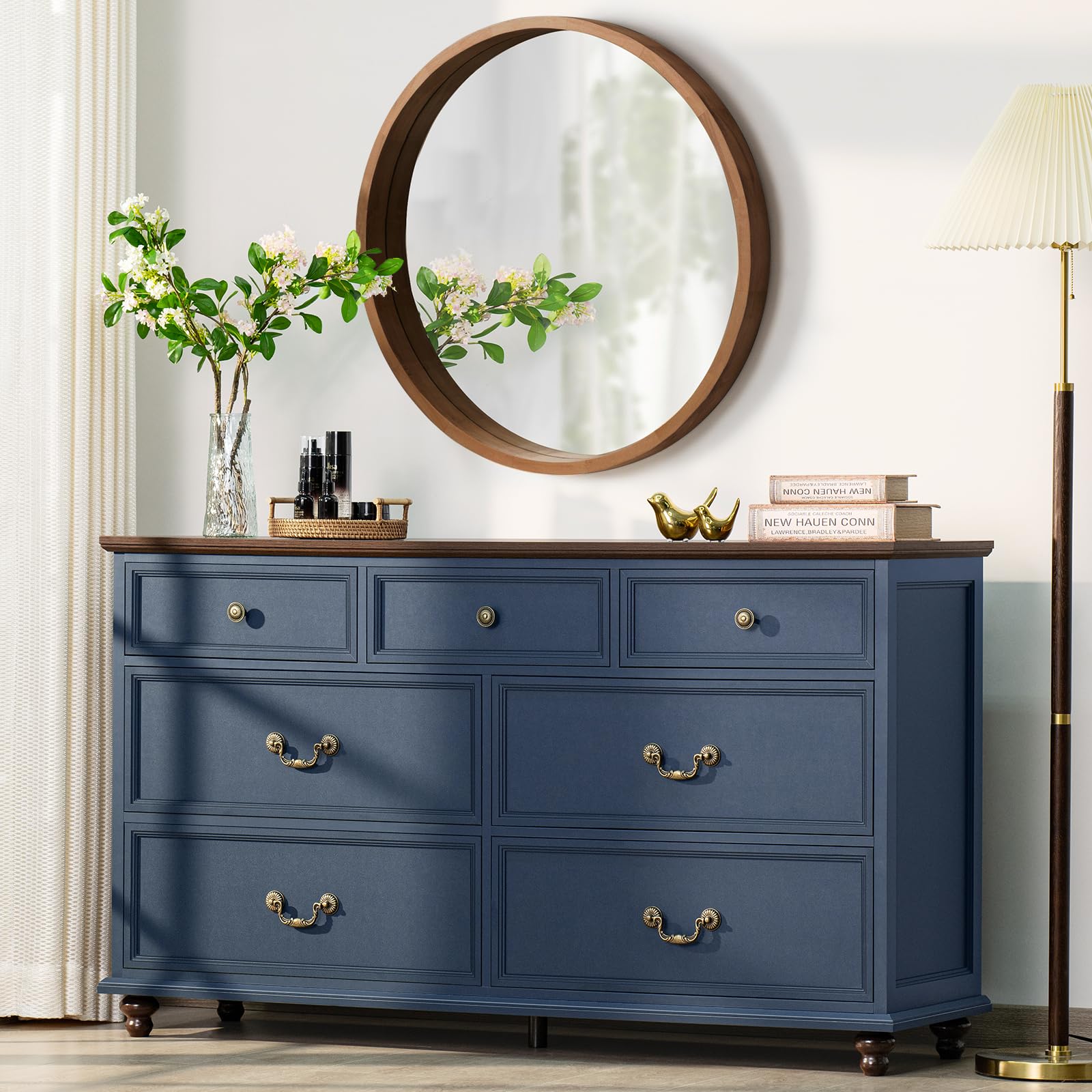 Joaxswe Farmhouse 54" 7 Drawers Dresser for Bedroom, Wide Chest of Drawers w/ 4 Wooden Legs, Vintage Rustic Large Closet Storage Dressers Organizer for Hallway, Wood TV Stand for Living Room, Blue 