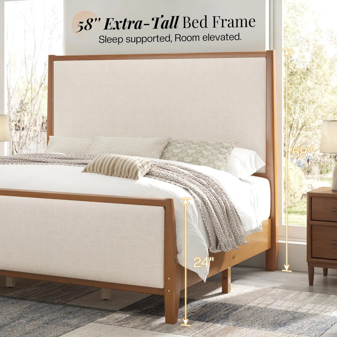 Jocisland 58" Tall Solid Wood Queen Bed Frame with Upholstered Headboard &amp; Footboard, Wooden Platform Bedframe, No Box Spring Needed, Easy Assembly, Modern Farmhouse Style, Walnut, Linen 