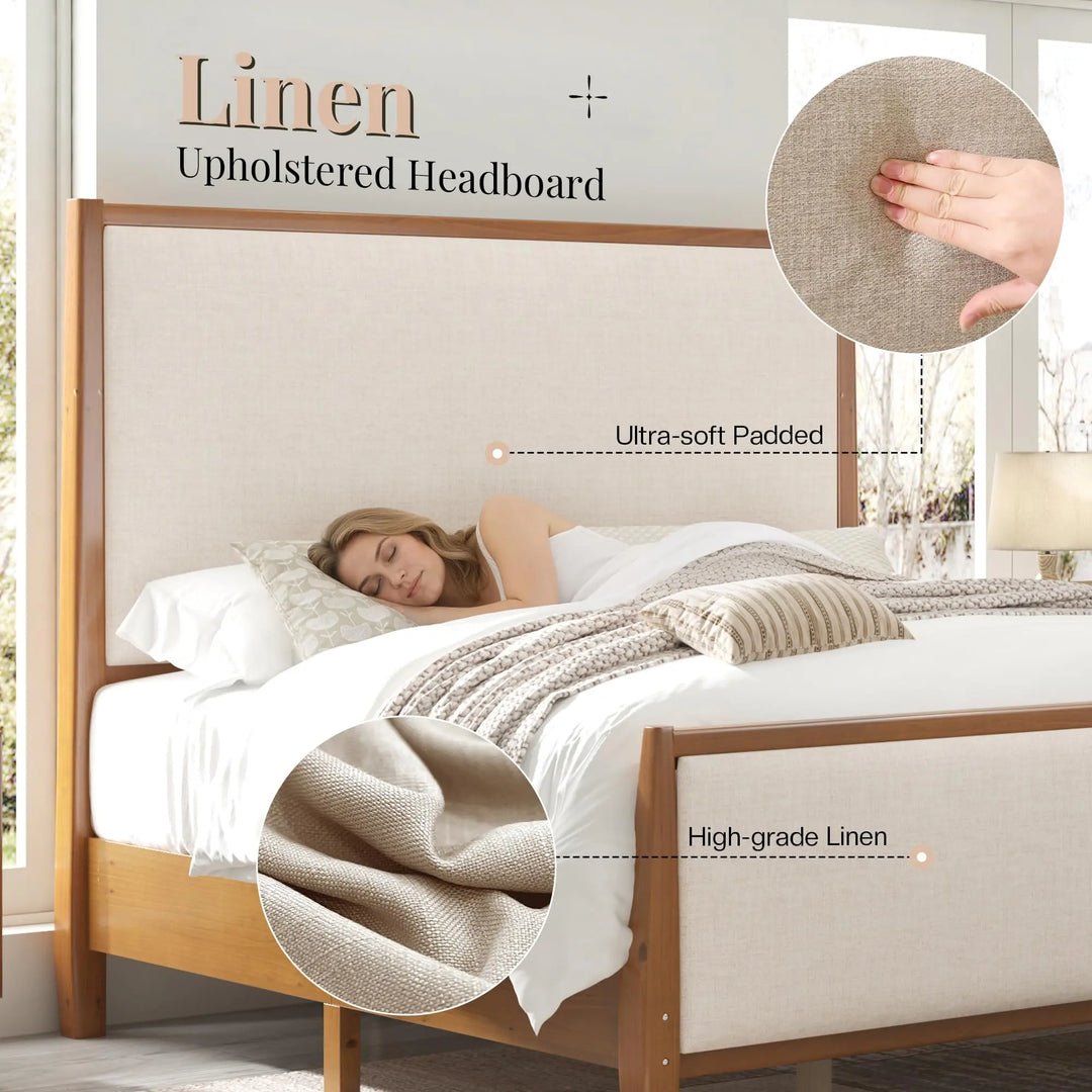 Jocisland 58" Tall Solid Wood Queen Bed Frame with Upholstered Headboard &amp; Footboard, Wooden Platform Bedframe, No Box Spring Needed, Easy Assembly, Modern Farmhouse Style, Walnut, Linen 