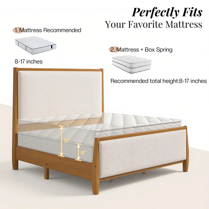 Jocisland 58" Tall Solid Wood Queen Bed Frame with Upholstered Headboard &amp; Footboard, Wooden Platform Bedframe, No Box Spring Needed, Easy Assembly, Modern Farmhouse Style, Walnut, Linen 