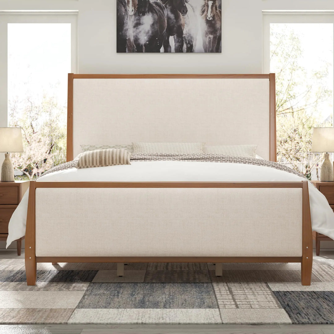 Jocisland 58" Tall Solid Wood Queen Bed Frame with Upholstered Headboard &amp; Footboard, Wooden Platform Bedframe, No Box Spring Needed, Easy Assembly, Modern Farmhouse Style, Walnut, Linen 