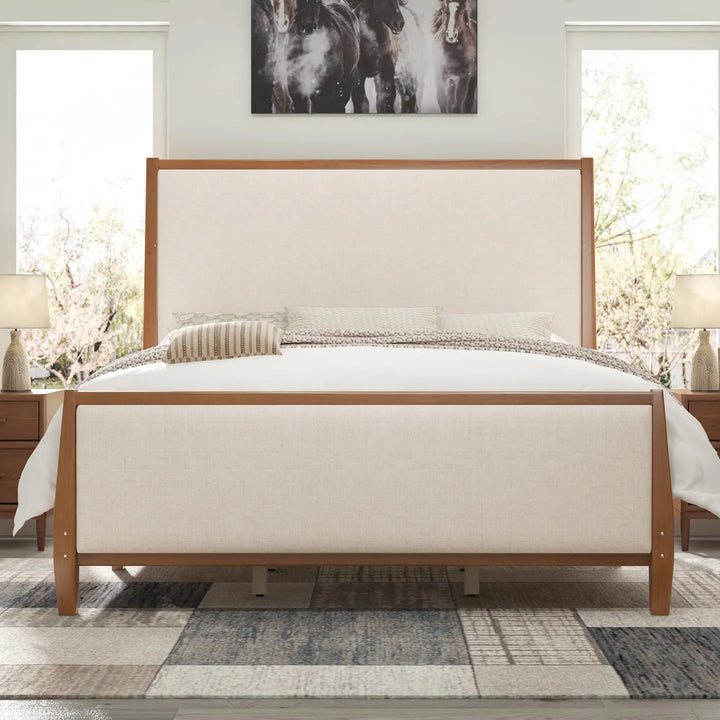 Jocisland 58" Tall Solid Wood Queen Bed Frame with Upholstered Headboard &amp; Footboard, Wooden Platform Bedframe, No Box Spring Needed, Easy Assembly, Modern Farmhouse Style, Walnut, Linen 