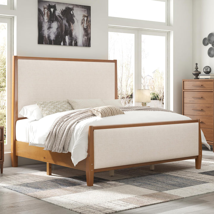 Jocisland 58" Tall Solid Wood Queen Bed Frame with Upholstered Headboard &amp; Footboard, Wooden Platform Bedframe, No Box Spring Needed, Easy Assembly, Modern Farmhouse Style, Walnut, Linen 