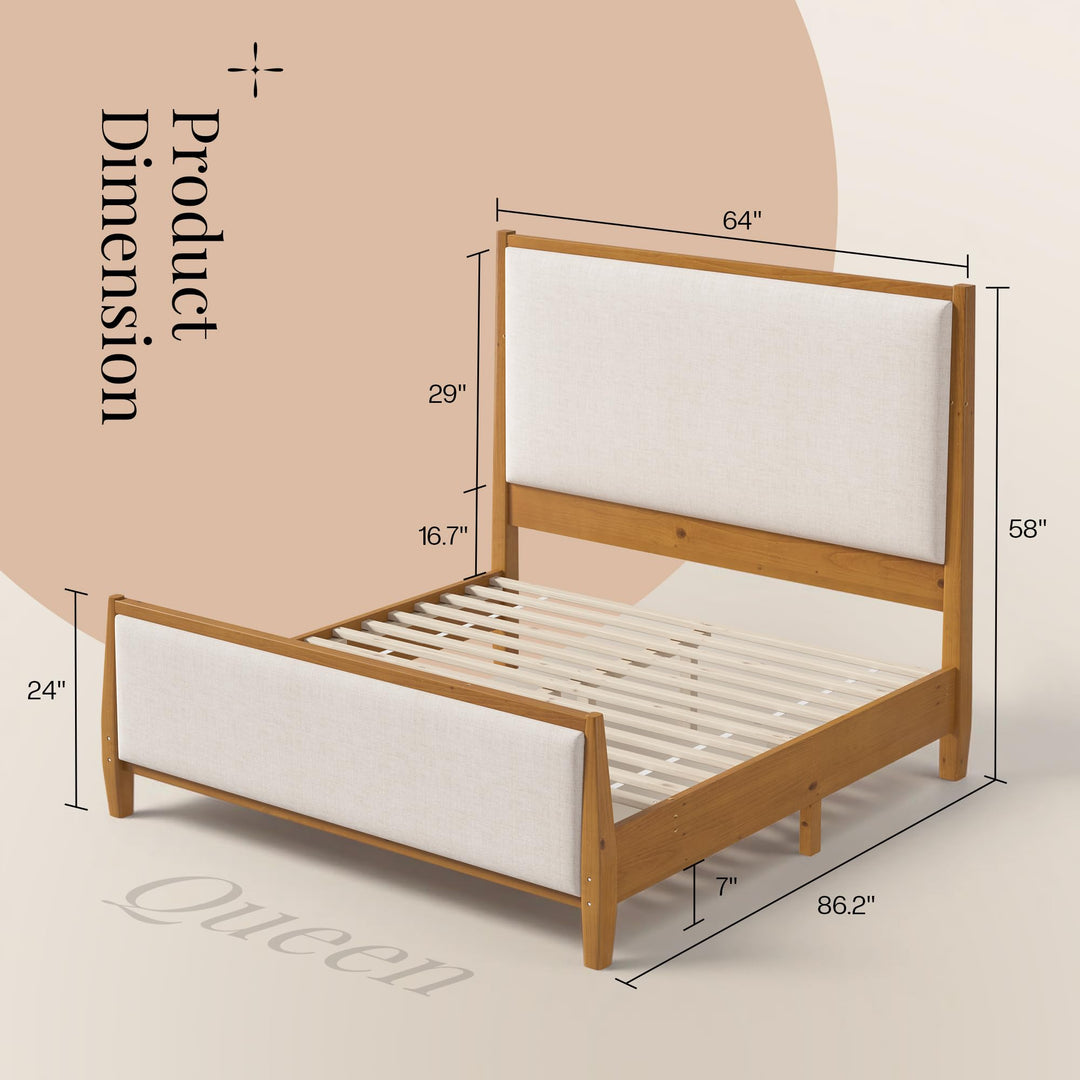 Jocisland 58" Tall Solid Wood Queen Bed Frame with Upholstered Headboard &amp; Footboard, Wooden Platform Bedframe, No Box Spring Needed, Easy Assembly, Modern Farmhouse Style, Walnut, Linen 