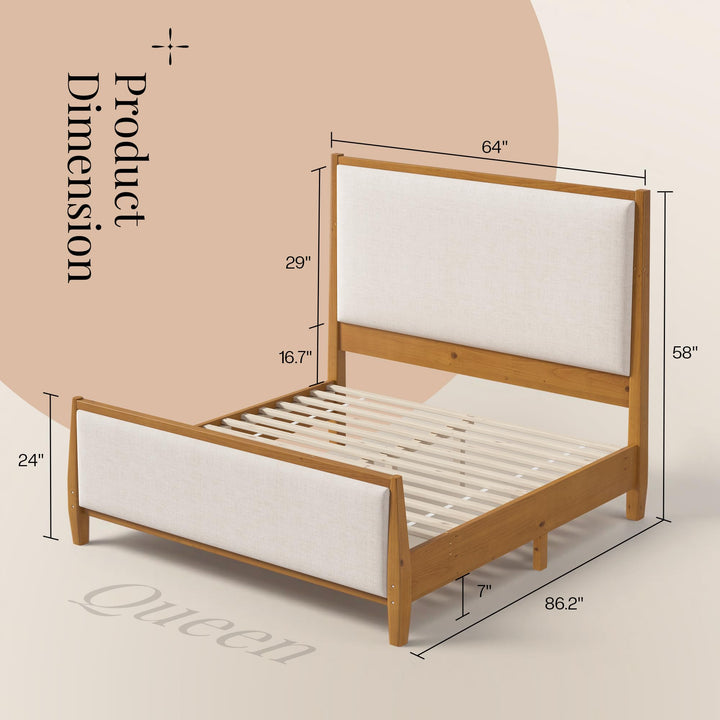 Jocisland 58" Tall Solid Wood Queen Bed Frame with Upholstered Headboard &amp; Footboard, Wooden Platform Bedframe, No Box Spring Needed, Easy Assembly, Modern Farmhouse Style, Walnut, Linen 