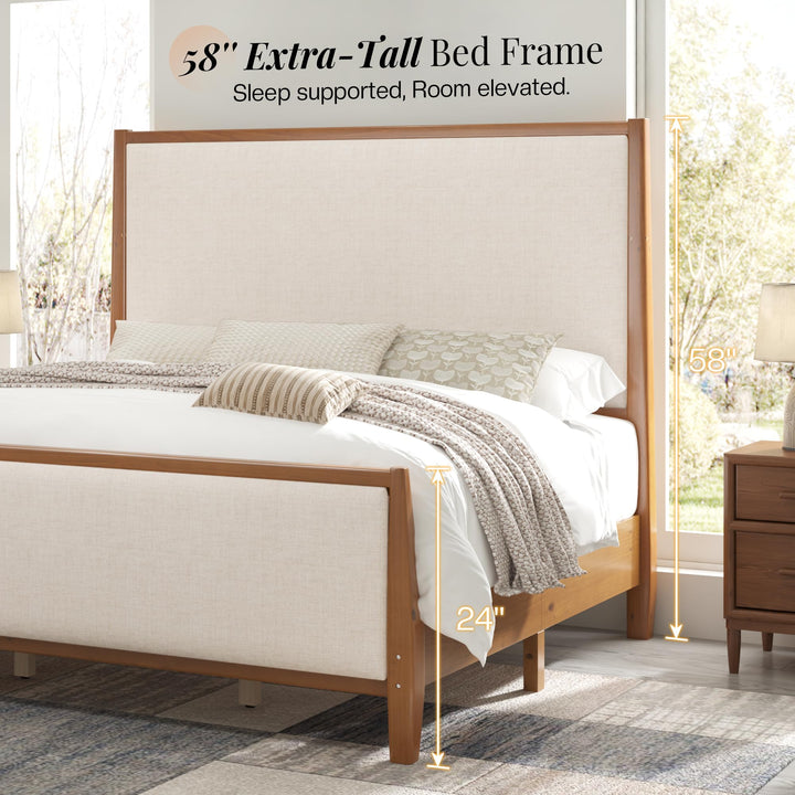 Jocisland 58" Tall Solid Wood Queen Bed Frame with Upholstered Headboard &amp; Footboard, Wooden Platform Bedframe, No Box Spring Needed, Easy Assembly, Modern Farmhouse Style, Walnut, Linen 