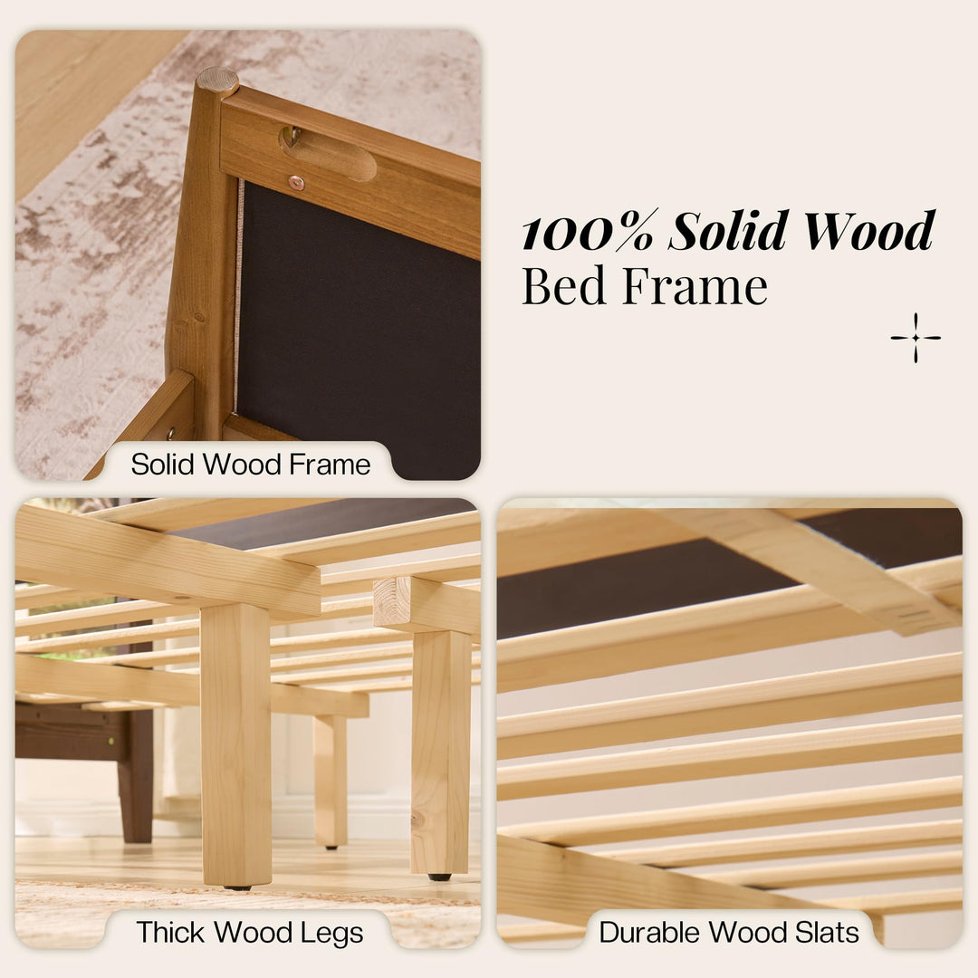 Jocisland 58" Tall Solid Wood Queen Bed Frame with Upholstered Headboard &amp; Footboard, Wooden Platform Bedframe, No Box Spring Needed, Easy Assembly, Modern Farmhouse Style, Walnut, Linen 