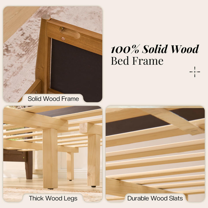Jocisland 58" Tall Solid Wood Queen Bed Frame with Upholstered Headboard &amp; Footboard, Wooden Platform Bedframe, No Box Spring Needed, Easy Assembly, Modern Farmhouse Style, Walnut, Linen 