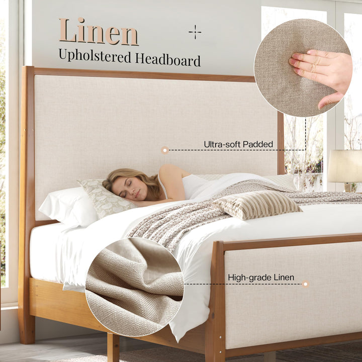 Jocisland 58" Tall Solid Wood Queen Bed Frame with Upholstered Headboard &amp; Footboard, Wooden Platform Bedframe, No Box Spring Needed, Easy Assembly, Modern Farmhouse Style, Walnut, Linen 