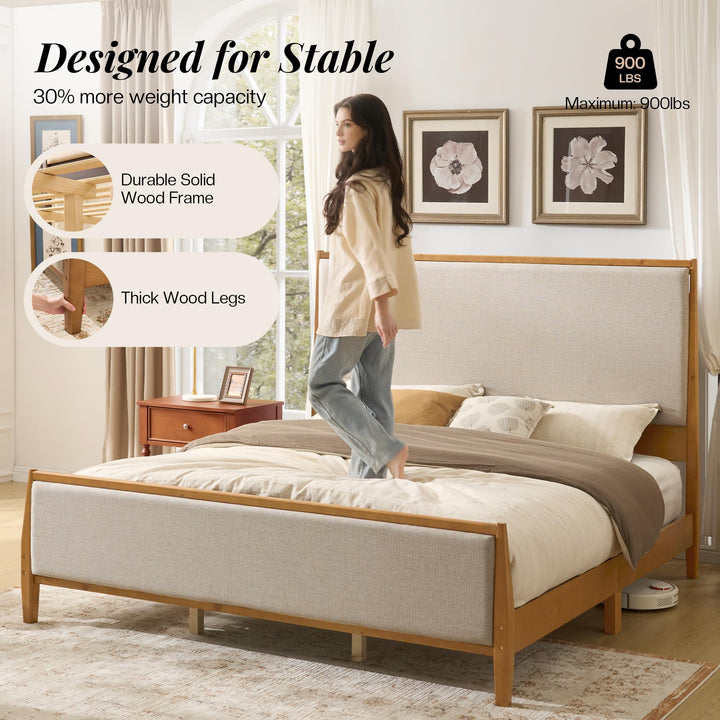 Jocisland 58" Tall Solid Wood Queen Bed Frame with Upholstered Headboard &amp; Footboard, Wooden Platform Bedframe, No Box Spring Needed, Easy Assembly, Modern Farmhouse Style, Walnut, Linen 