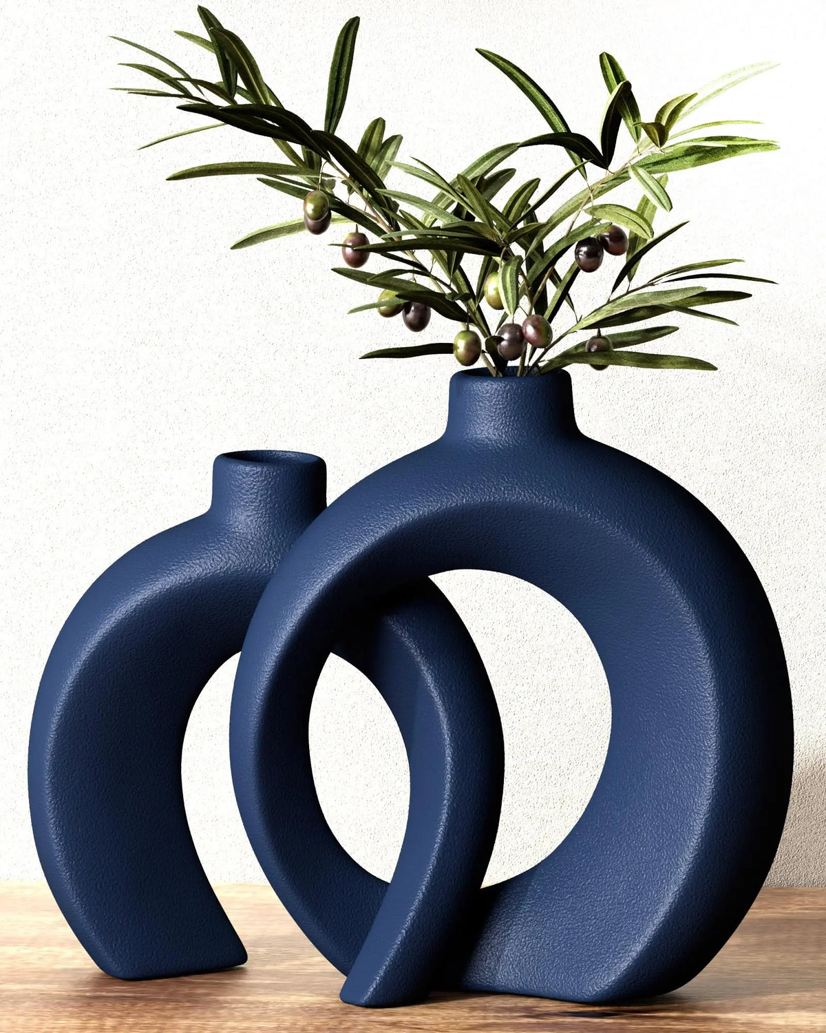 Blue Vase Set of 2 - Donut Navy Vases Home Decor, Modern Coastal Decor - Decorative Vase, Ceramic Decorations for Living Room Coffee Table Bookshelf Shelf Console Mantle (Matte Navy Blue) 