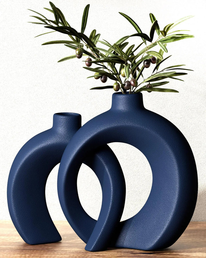 Blue Vase Set of 2 - Donut Navy Vases Home Decor, Modern Coastal Decor - Decorative Vase, Ceramic Decorations for Living Room Coffee Table Bookshelf Shelf Console Mantle (Matte Navy Blue) 