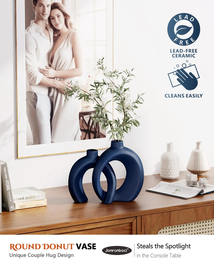 Blue Vase Set of 2 - Donut Navy Vases Home Decor, Modern Coastal Decor - Decorative Vase, Ceramic Decorations for Living Room Coffee Table Bookshelf Shelf Console Mantle (Matte Navy Blue) 