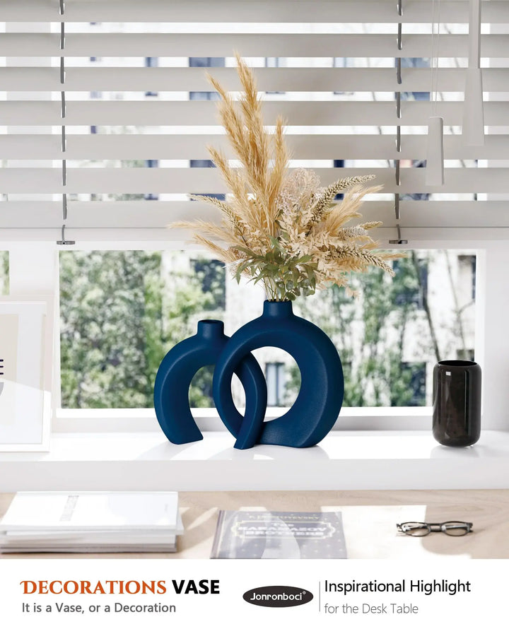 Blue Vase Set of 2 - Donut Navy Vases Home Decor, Modern Coastal Decor - Decorative Vase, Ceramic Decorations for Living Room Coffee Table Bookshelf Shelf Console Mantle (Matte Navy Blue) 
