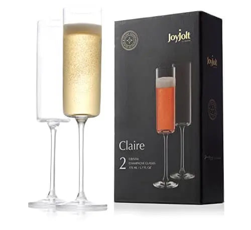 JoyJolt Champagne Flutes – Claire Collection Crystal Champagne Glasses Set of 2 – 5.7 Ounce Capacity – Exquisite Craftsmanship – Ideal for Home Bar, Special Occasions – Made in Europe JoyJolt
