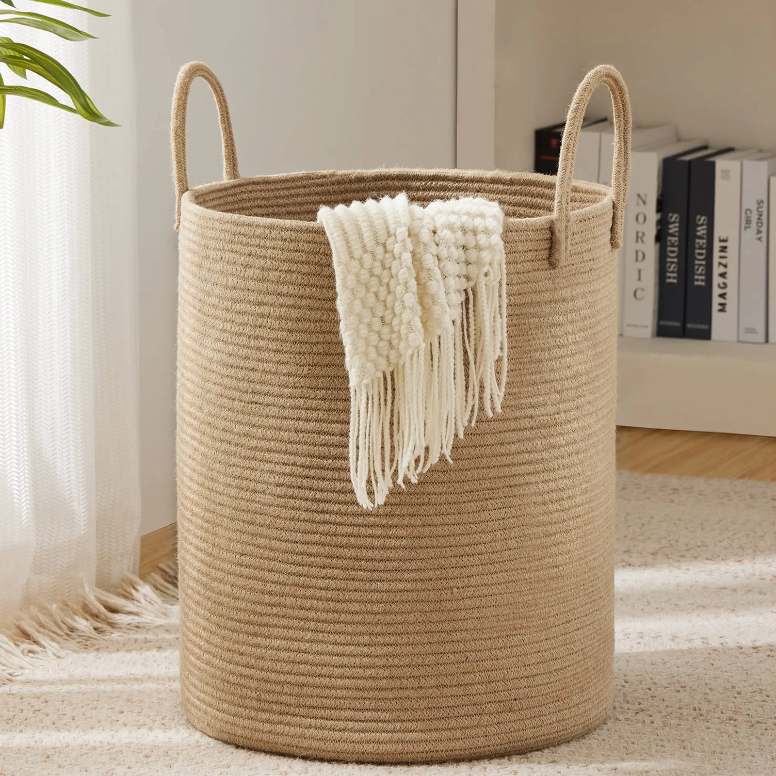 Jute Rope Laundry Hamper Basket by YOUDENOVA, 58L Tall Laundry Basket, Baby Nursery Hamper for Blanket Storage, Clothes Hamper for Laundry in Bedroom-Large-Jute 