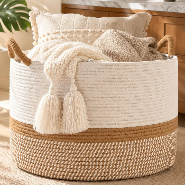 KAKAMAY Large Blanket Basket with Handles, Storage Basket for Living Room, Brown