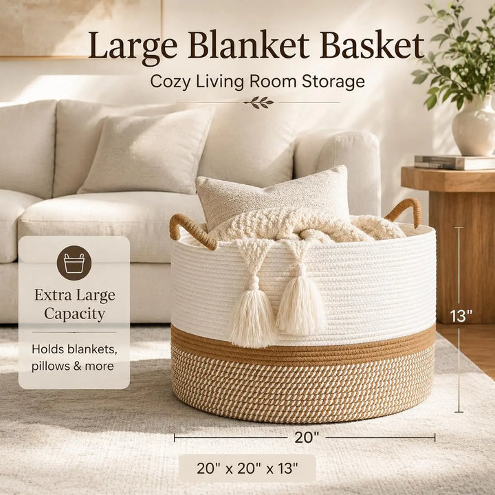KAKAMAY Large Blanket Basket with Handles, Storage Basket for Living Room, Brown