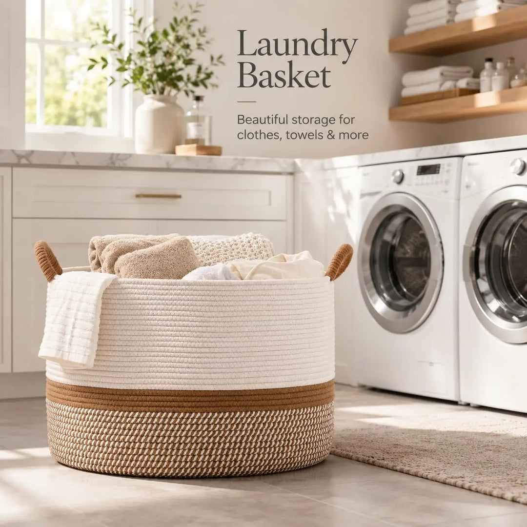 KAKAMAY Large Blanket Basket with Handles, Storage Basket for Living Room, Brown