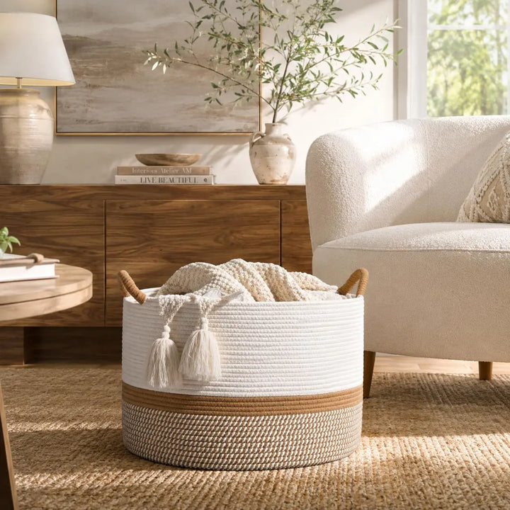 KAKAMAY Large Blanket Basket with Handles, Storage Basket for Living Room, Brown