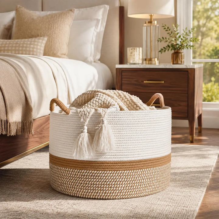 KAKAMAY Large Blanket Basket with Handles, Storage Basket for Living Room, Brown