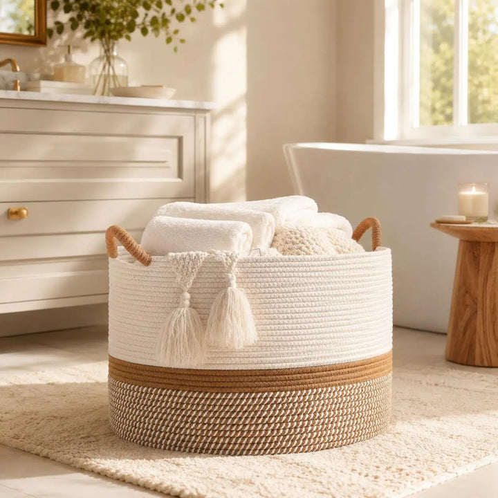 KAKAMAY Large Blanket Basket with Handles, Storage Basket for Living Room, Brown