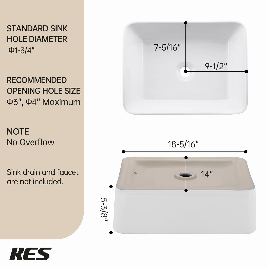 KES 19x15 Inches Rectangular Bathroom Vessel Sink, White Rectangle Above Counter Countertop Porcelain Ceramic Vanity Sink, BVS110 