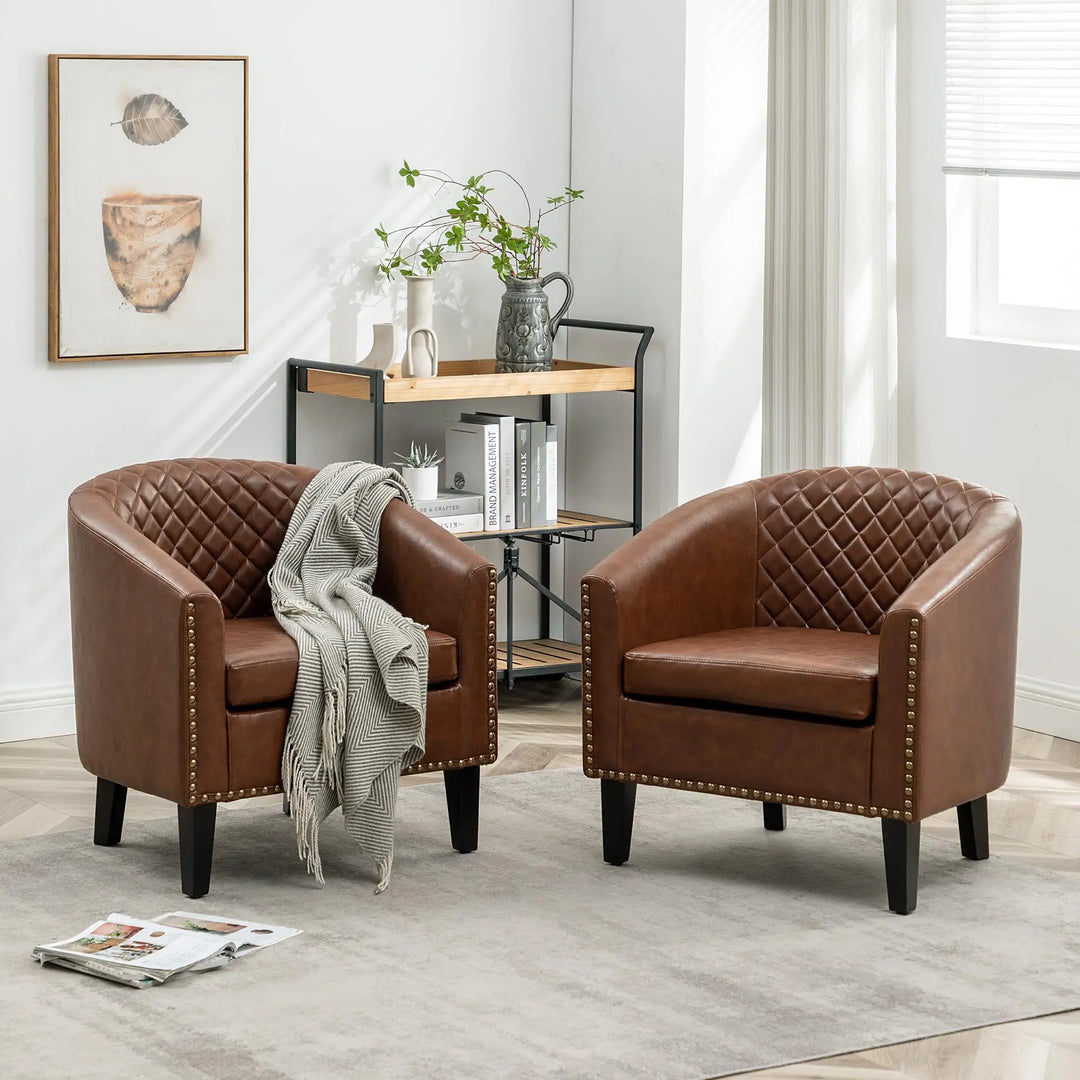 KINWELL 29 Inch Faux Leather Tufted Barrel Club Chairs, Set of 2, Brown