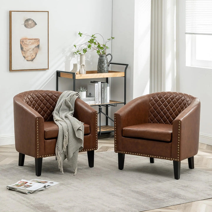 KINWELL 29 Inch Faux Leather Tufted Barrel Club Chairs, Set of 2, Brown