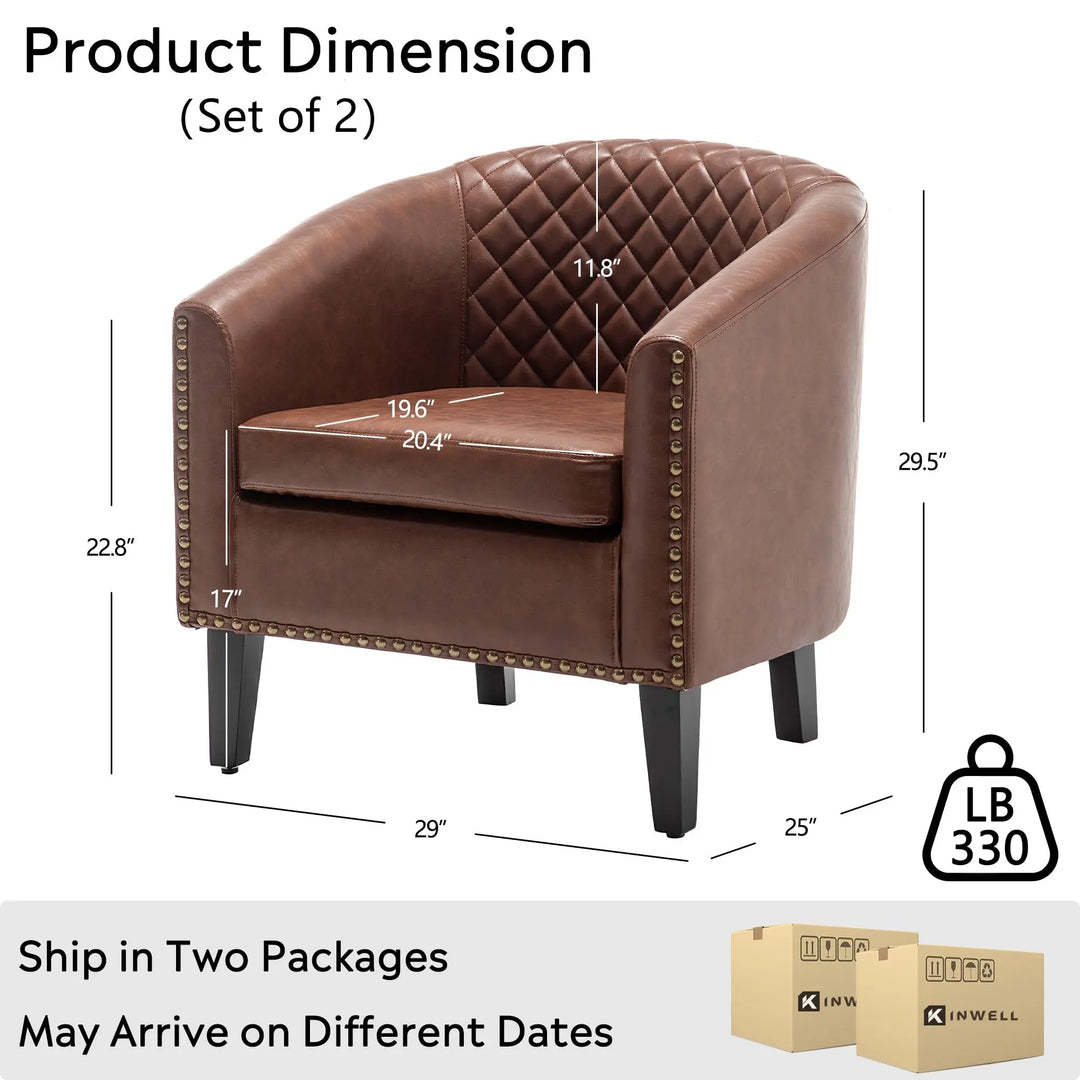 KINWELL 29 Inch Faux Leather Tufted Barrel Club Chairs, Set of 2, Brown