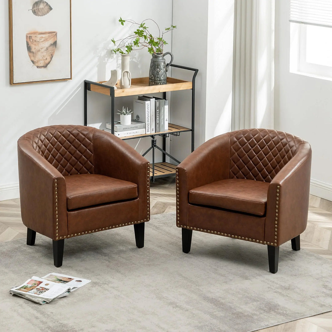 KINWELL 29 Inch Faux Leather Tufted Barrel Club Chairs, Set of 2, Brown