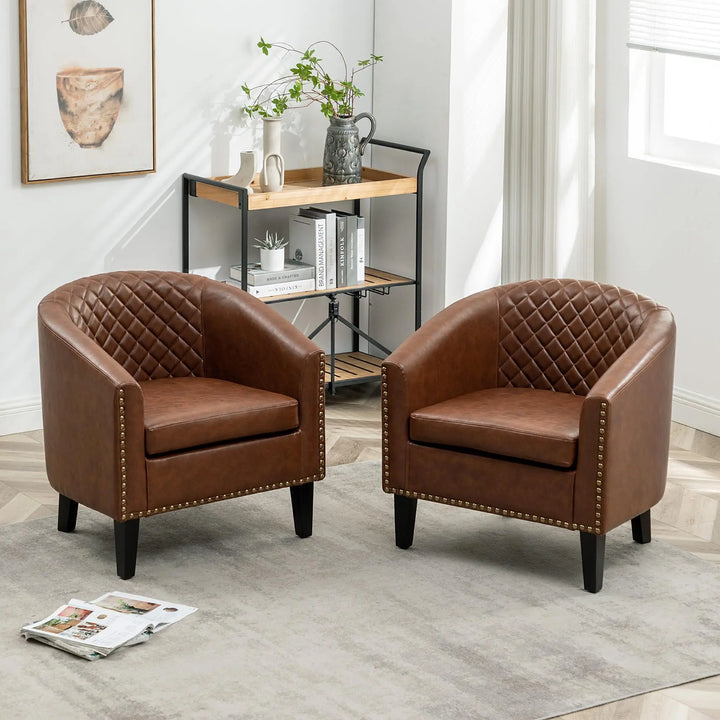 KINWELL 29 Inch Faux Leather Tufted Barrel Club Chairs, Set of 2, Brown
