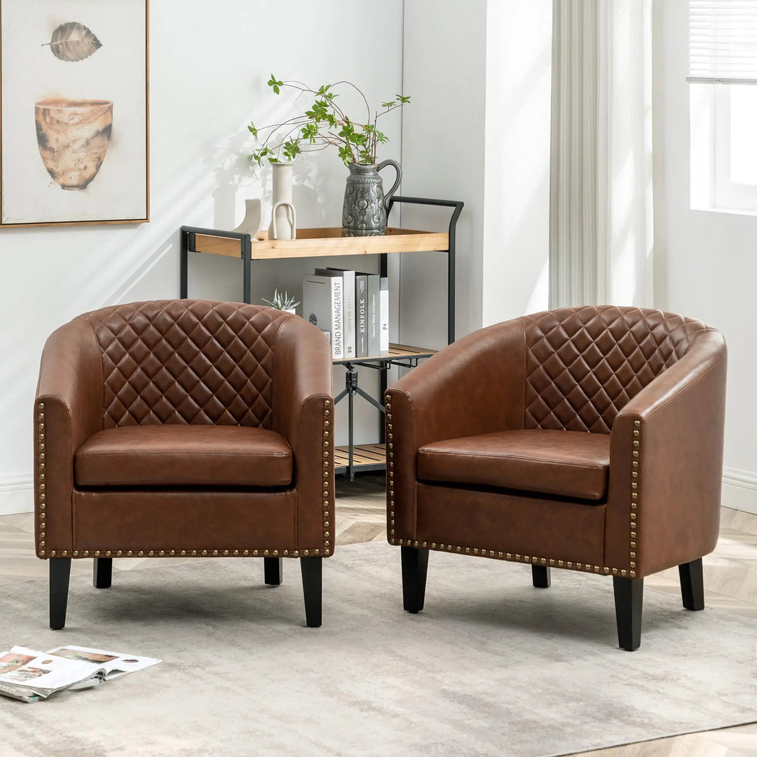 KINWELL 29 Inch Faux Leather Tufted Barrel Club Chairs, Set of 2, Brown